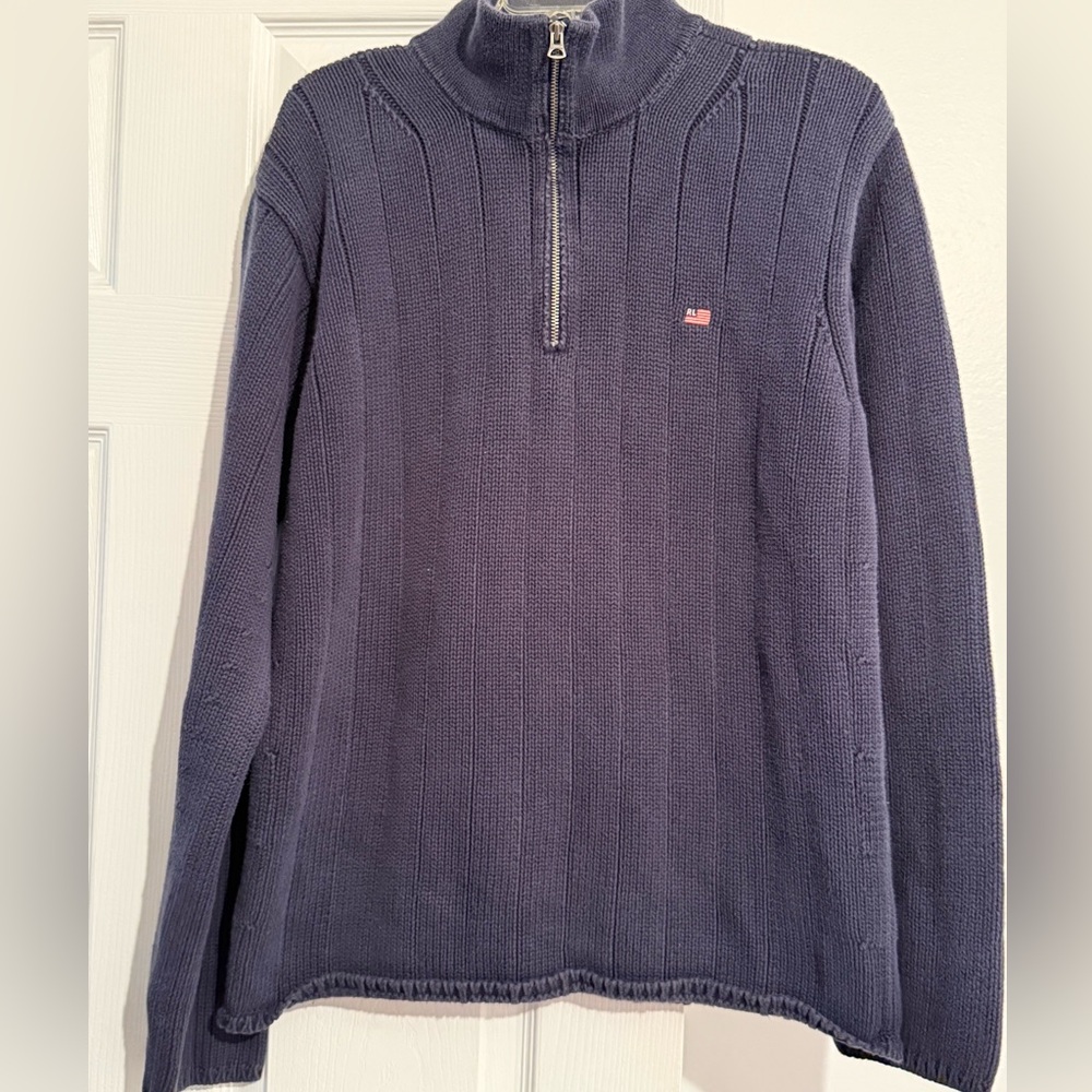 VTG Ralph Lauren Pullover Navy Cotton 1/4 Zip USA Flag Made In Hong Kong Men L/G